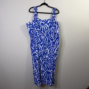 H&M Dress Womens 2XL Blue Tropical Floral Smocked Midi Sundress Cotton Beach